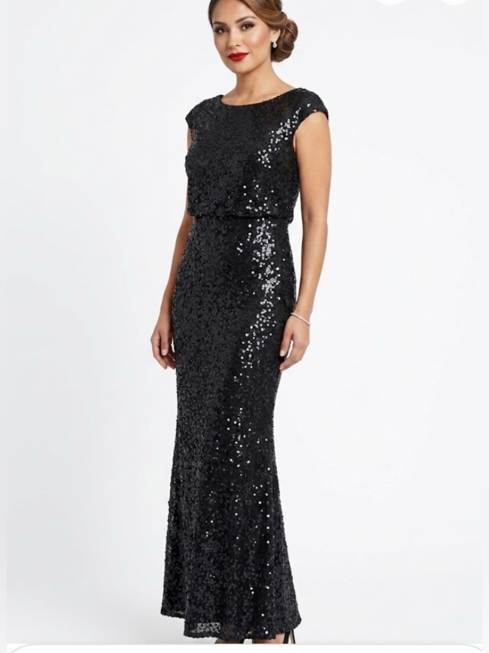 David's Bridal Black Sequin Cap-Sleeve Maxi Dress